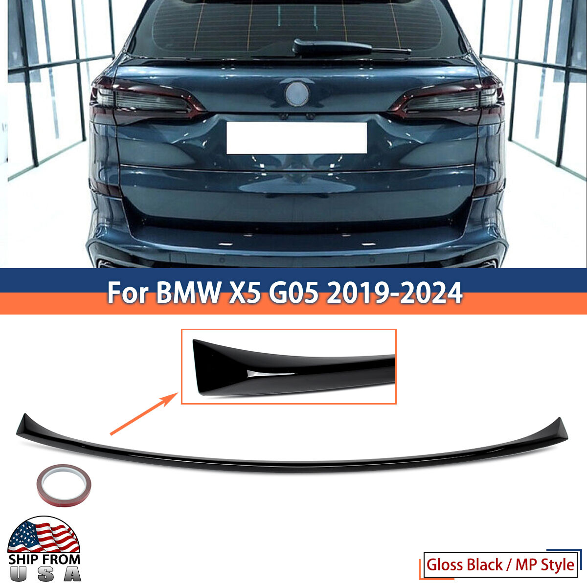 Gloss Black Rear Middle Spoiler Trunk Wing Lip Fit For BMW X5 G05 SUV 2019-2024