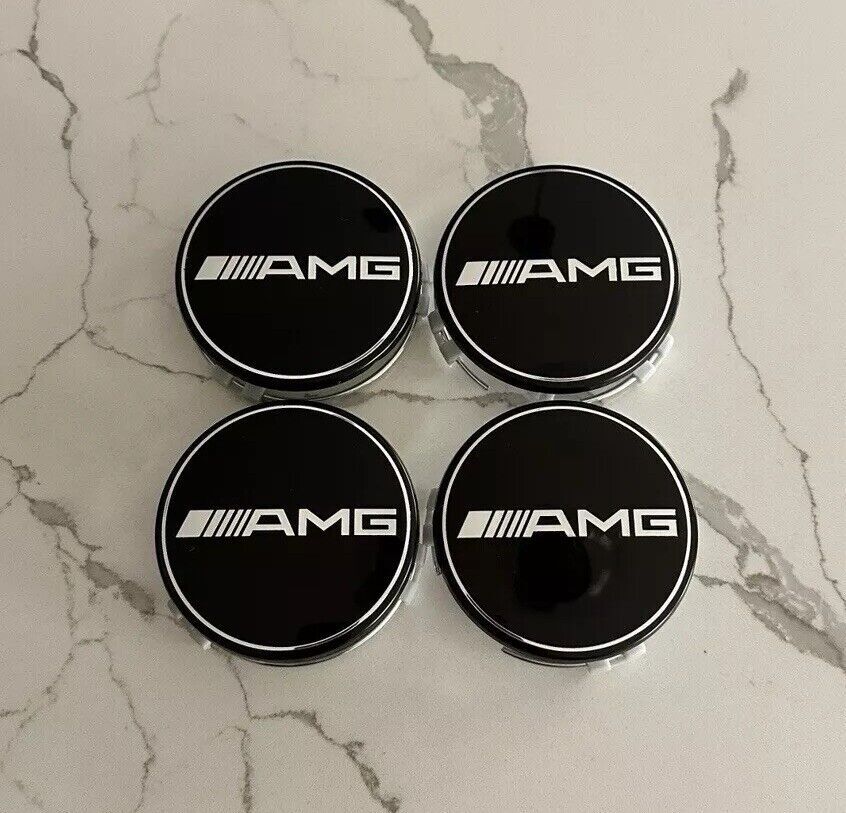 SET OF 4 Mercedes Benz AMG 75MM Black & Silver Rim Wheel Center Hub Caps Emblem