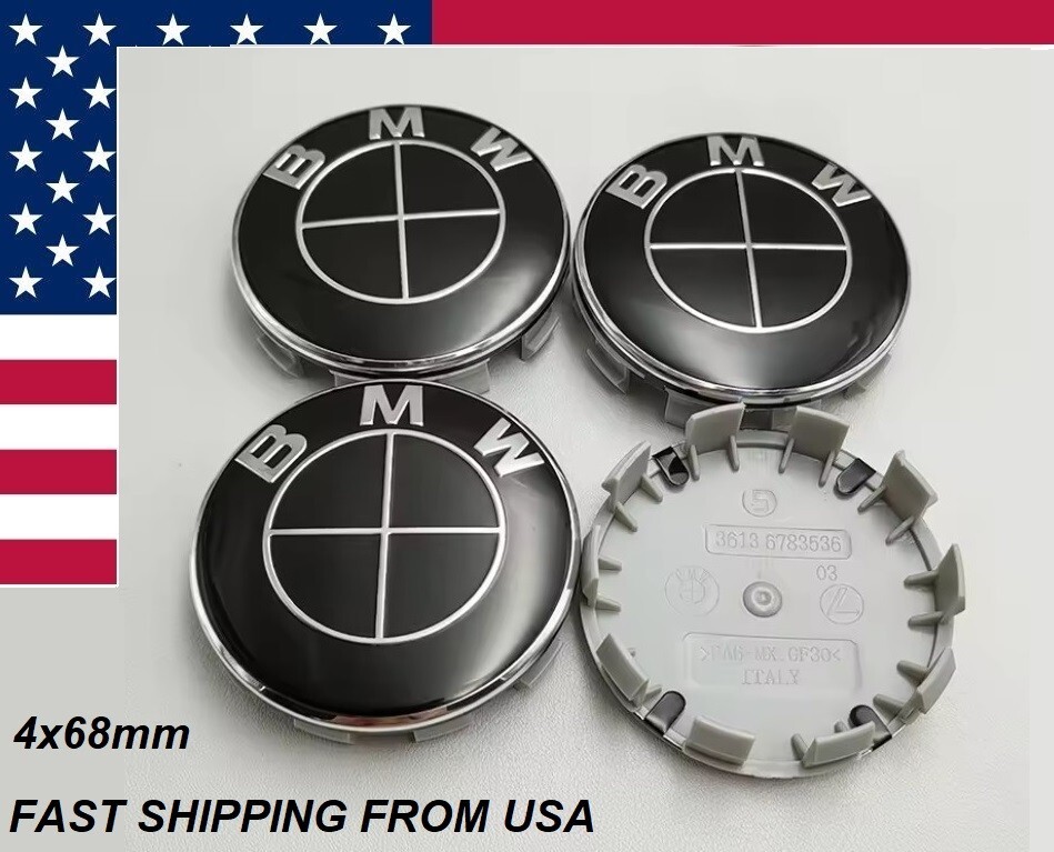 Set of 4 BMW All Black 68mm Wheel Center Caps Logo Badge Emblem Original
