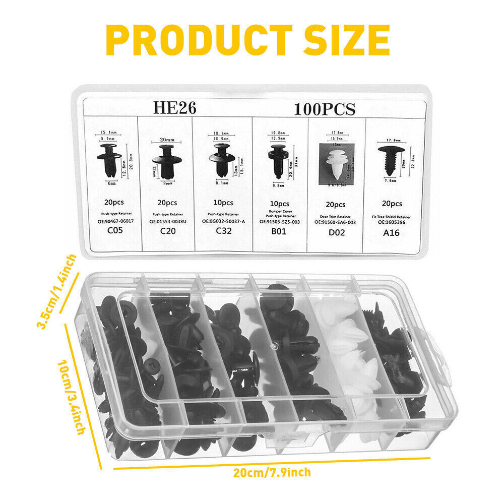 Pack of 100 Retainer Clips Push Type Fasteners Expansion Screws Replacement HE26