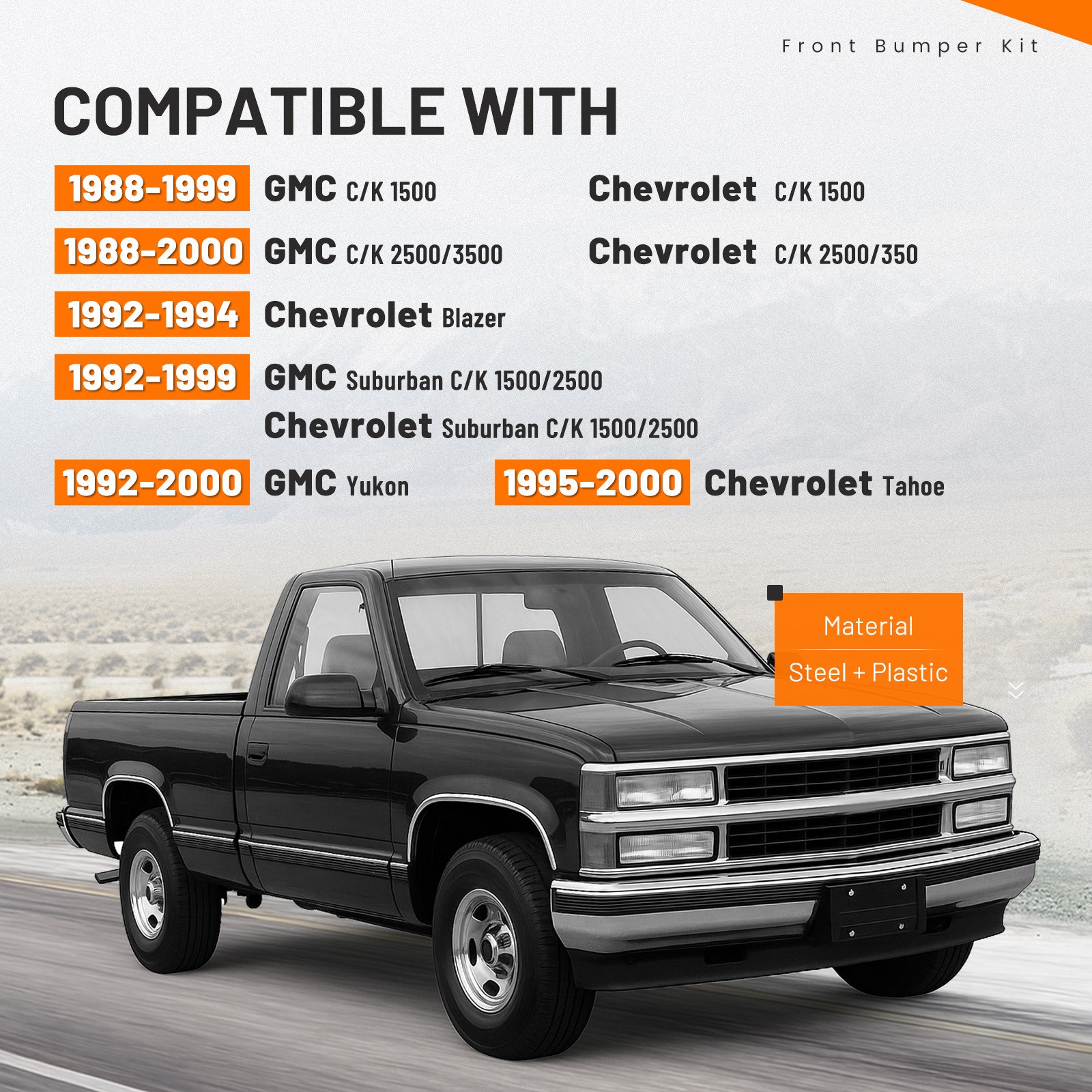 Front Bumper Kit Chrome For Chevrolet GMC C/K 1500 2500 3500 Yukon 1988-2000