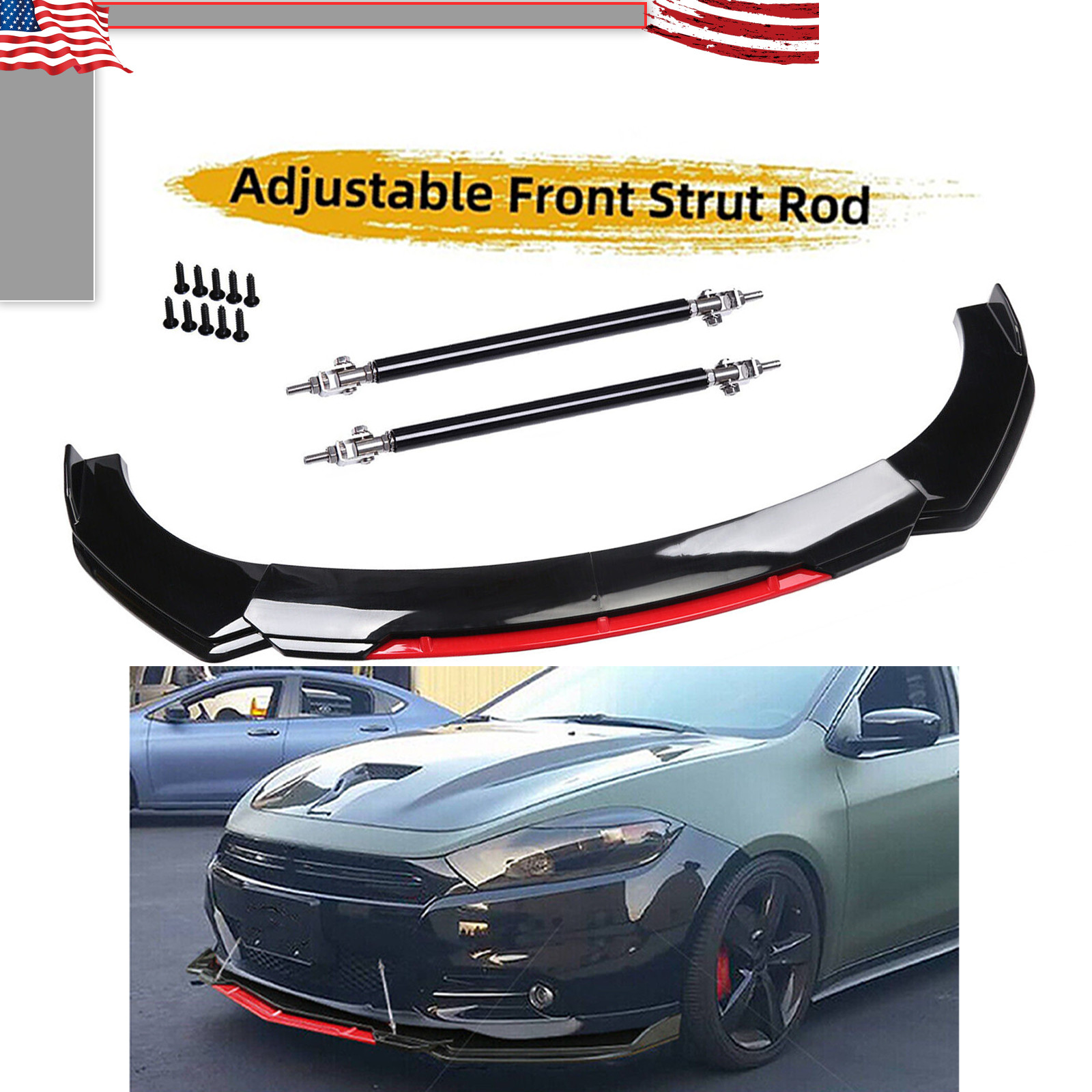 Front Bumper Lip Spoiler Splitter Body+Strut Rods Glossy Black For Dodge Dart