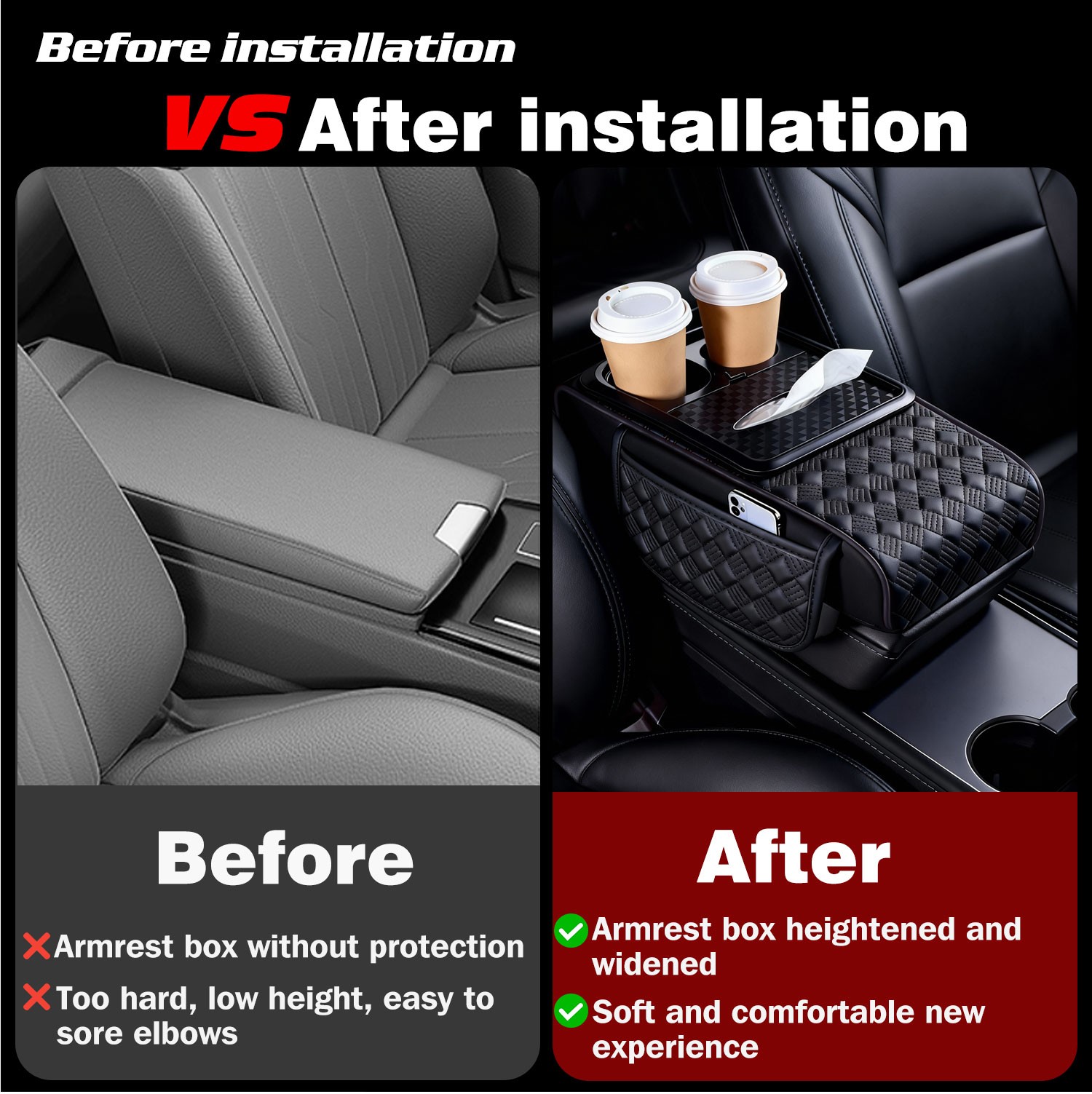 Car Armrest Cushion Center Console Cover with Cup Holder,Tissue Box,Phone Holder