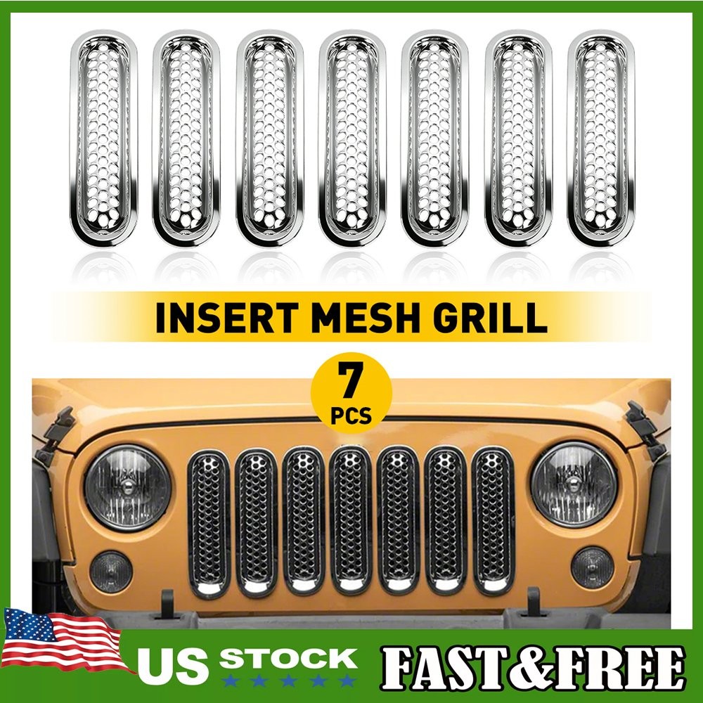 7Pcs Chrome Front Cover Inserts Mesh Grille For Jeep Wrangler JK 2007-2018 1~10X