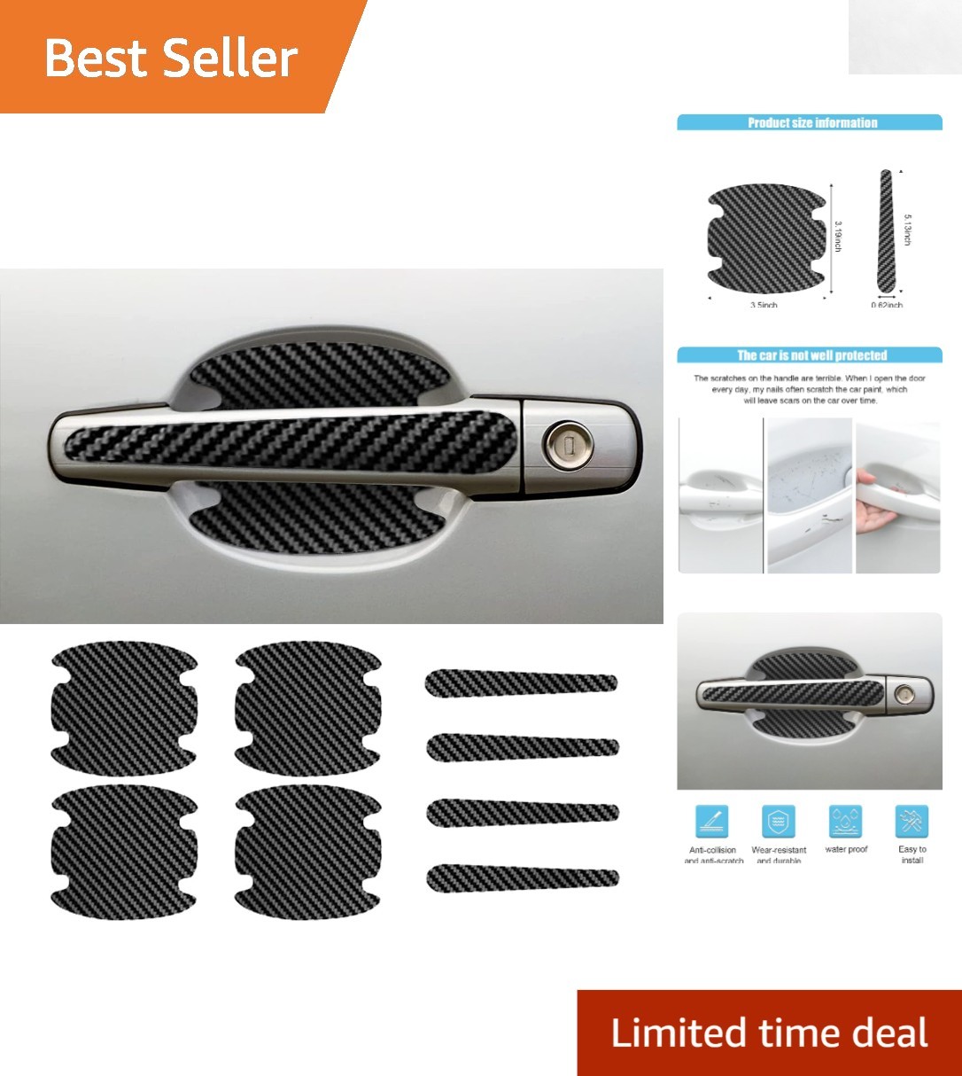 Black Carbon Fiber Door Handle Bowl Protectors – 8 Piece Set, Easy Installation