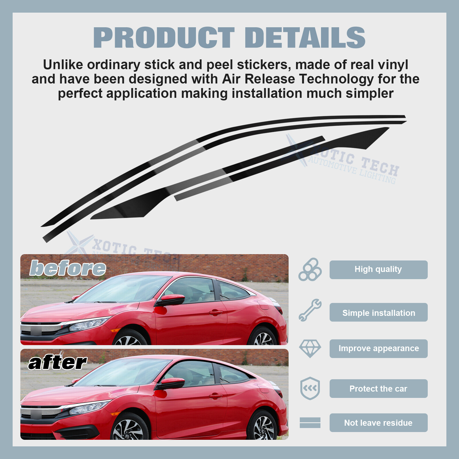 Glossy Black Chrome Delete Side Door Window Trim For Honda Civic Coupe 10th Gen