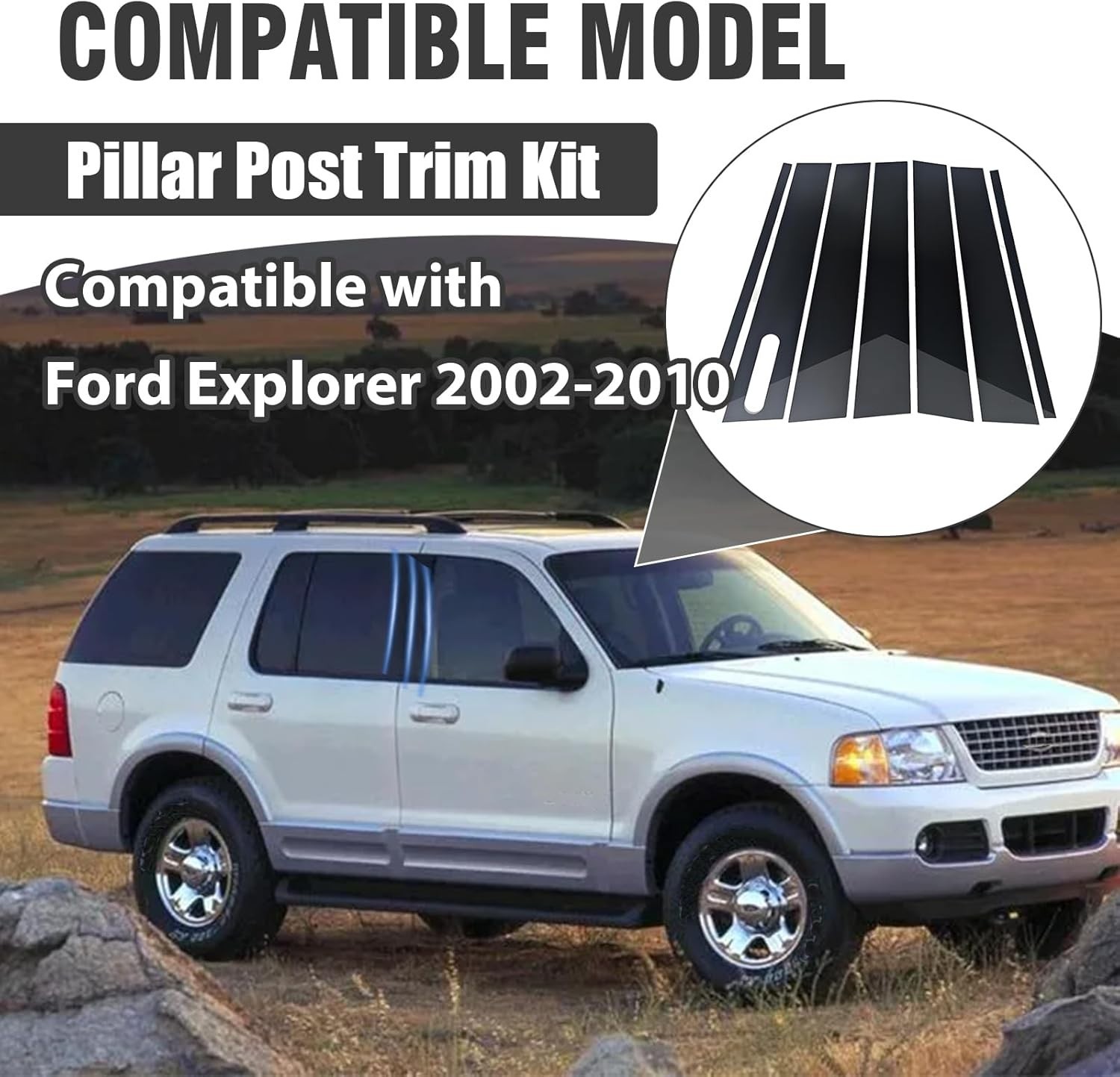 7PCS Glossy Black Door Window B Pillar Trim Kit for F-ord Explorer 2002-2010