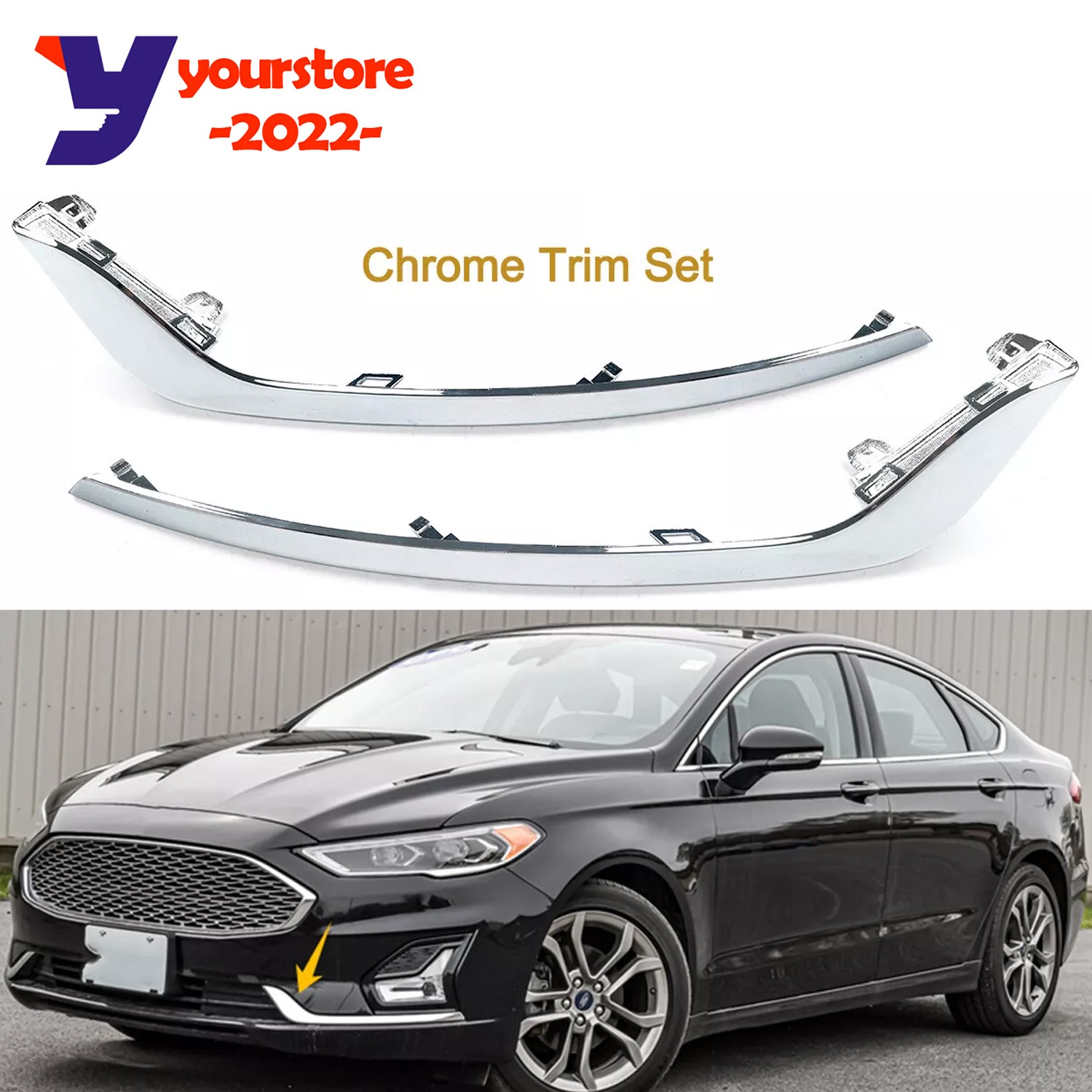 Front Driver and Passenger Side Chrome Bumper Trims for 2019-2020 Ford Fusion