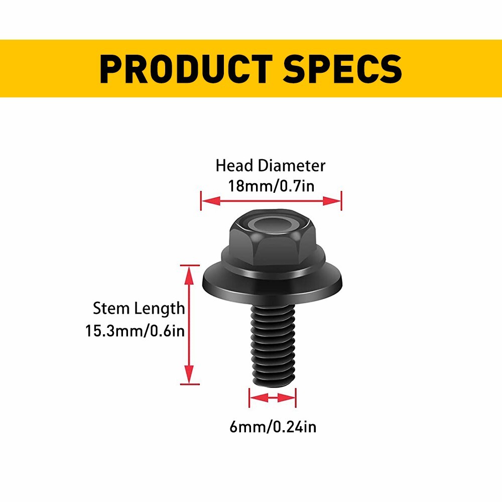 40x Car Screw Bolts Body Fender Fastener M6-1.0x 16mm Long- 10mm Hex-17mm Washer