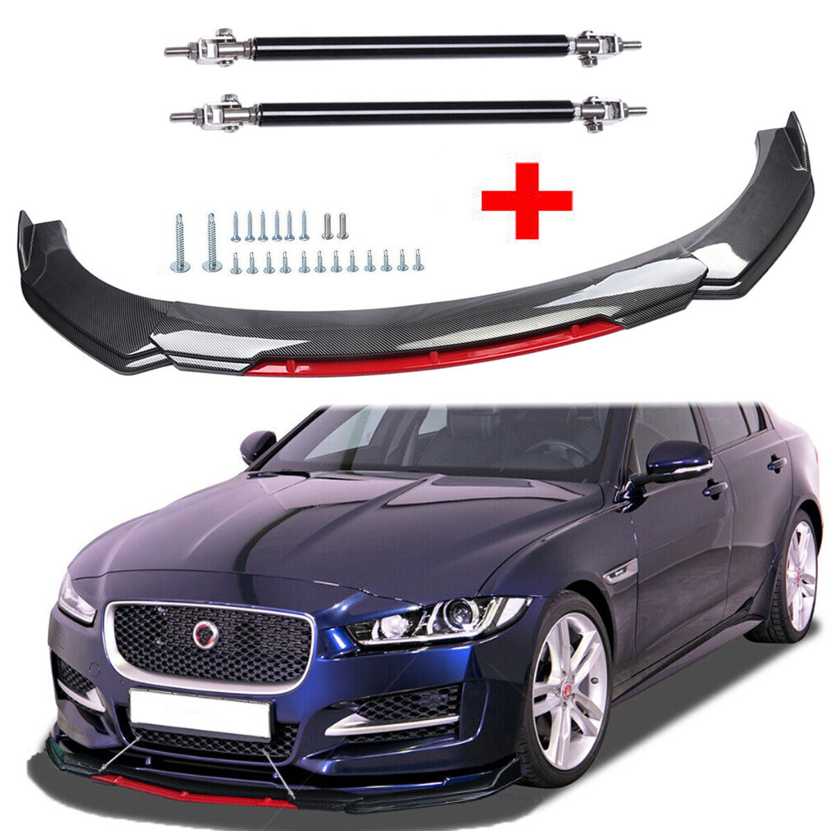 For Jaguar XE Xf XJ front Bumper Lip Spoiler Splitter Carbon fiber Black+Red
