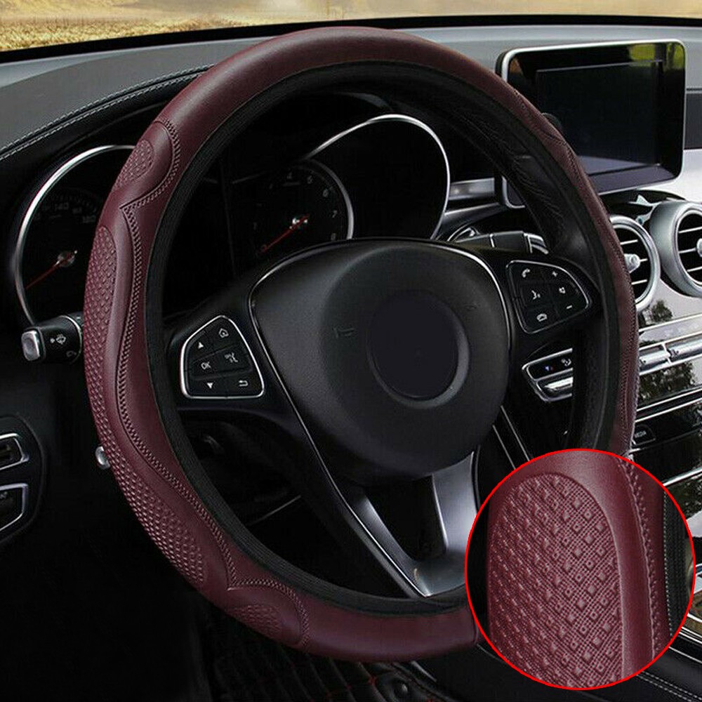 Soft Leather Wine Red Car Steering Wheel Cover Anti-slip Accessories 38CM 15″