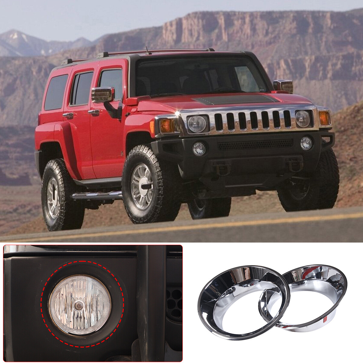 Fit For Hummer H3 2005-2009 Chrome Bumper Fog Light Lamp Trim Bezel Cover Ring