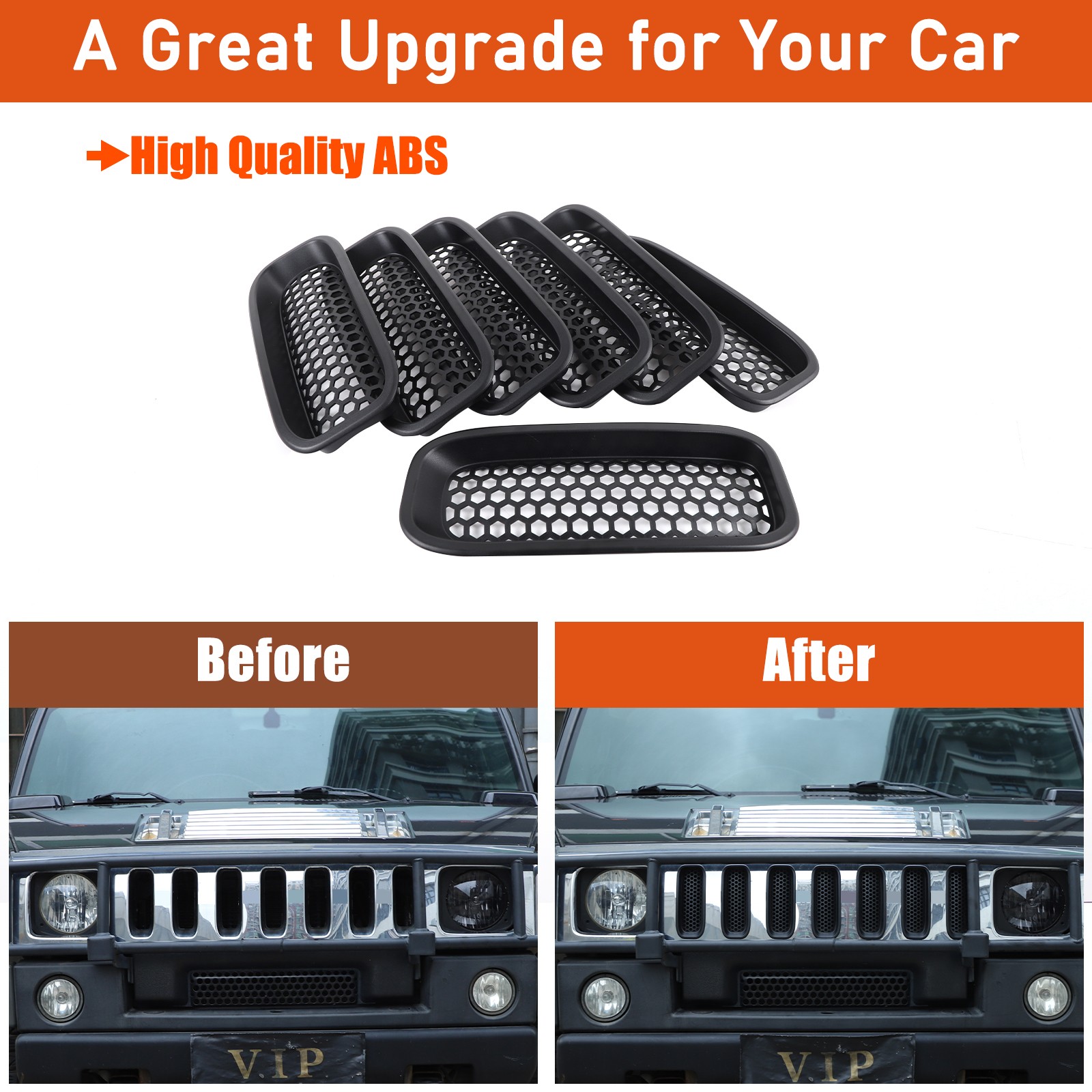 7PCS Front Grille Inserts Cover Trim Accessories Black For Hummer H2 2003-2009