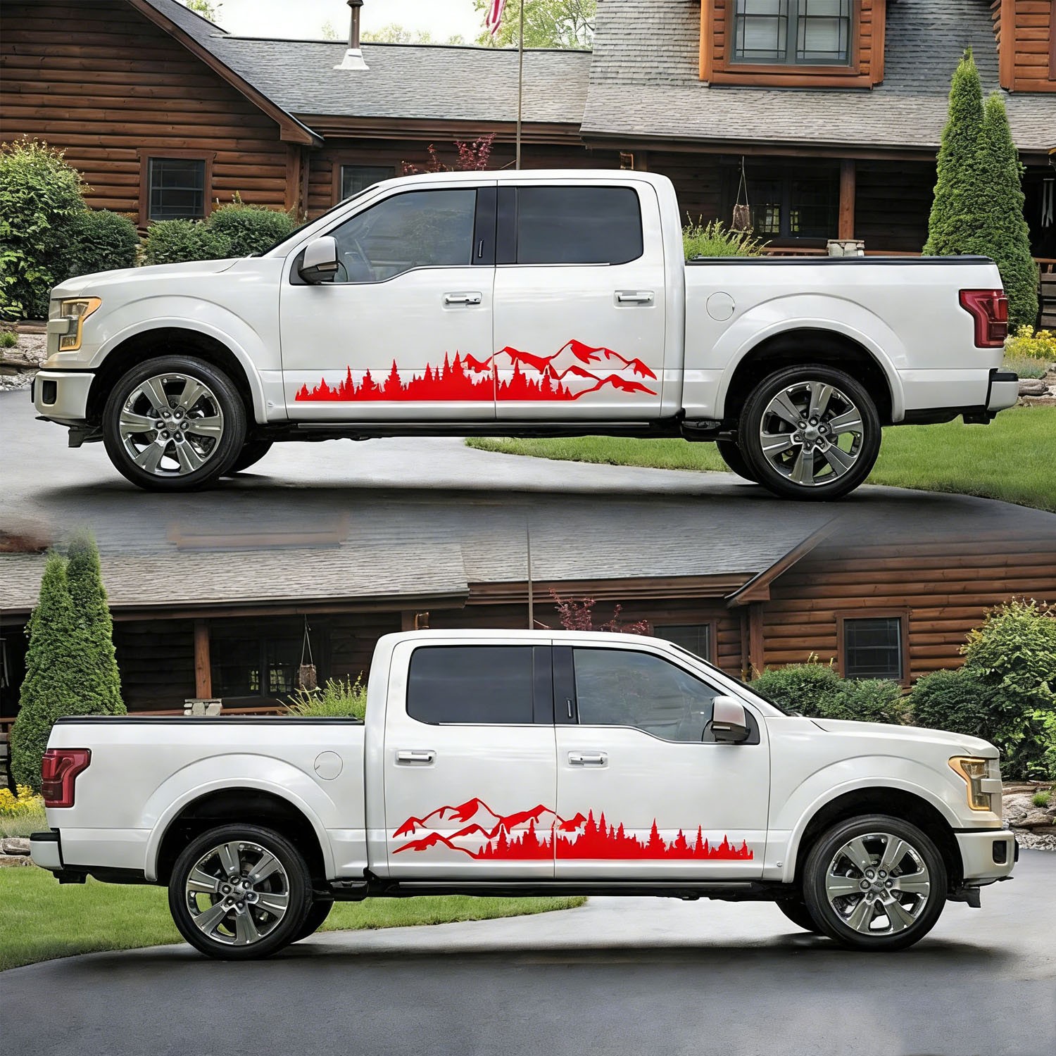 Universal 2Pcs Red Mountain Tree Forest Graphic Side Body Door Decals Stickers