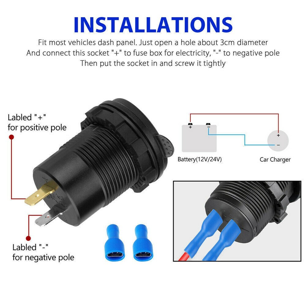 Dual USB Car Fast Charger Socket Power Outlet LED 3 Color Waterproof Free Ship