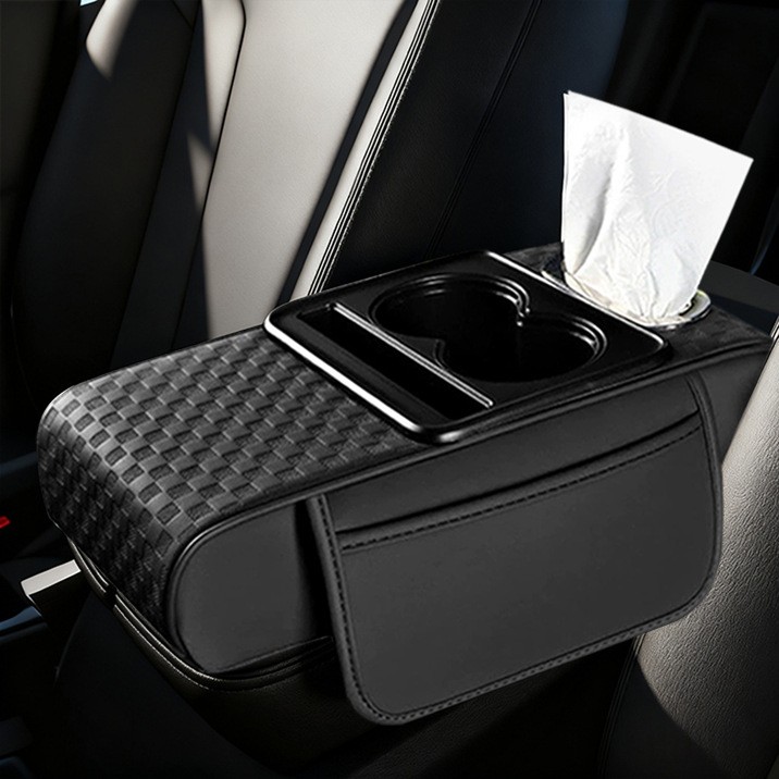 Car Armrest Cushion,Center Console Cover w/ Cup Holder, Storage Bag,Tissue Box
