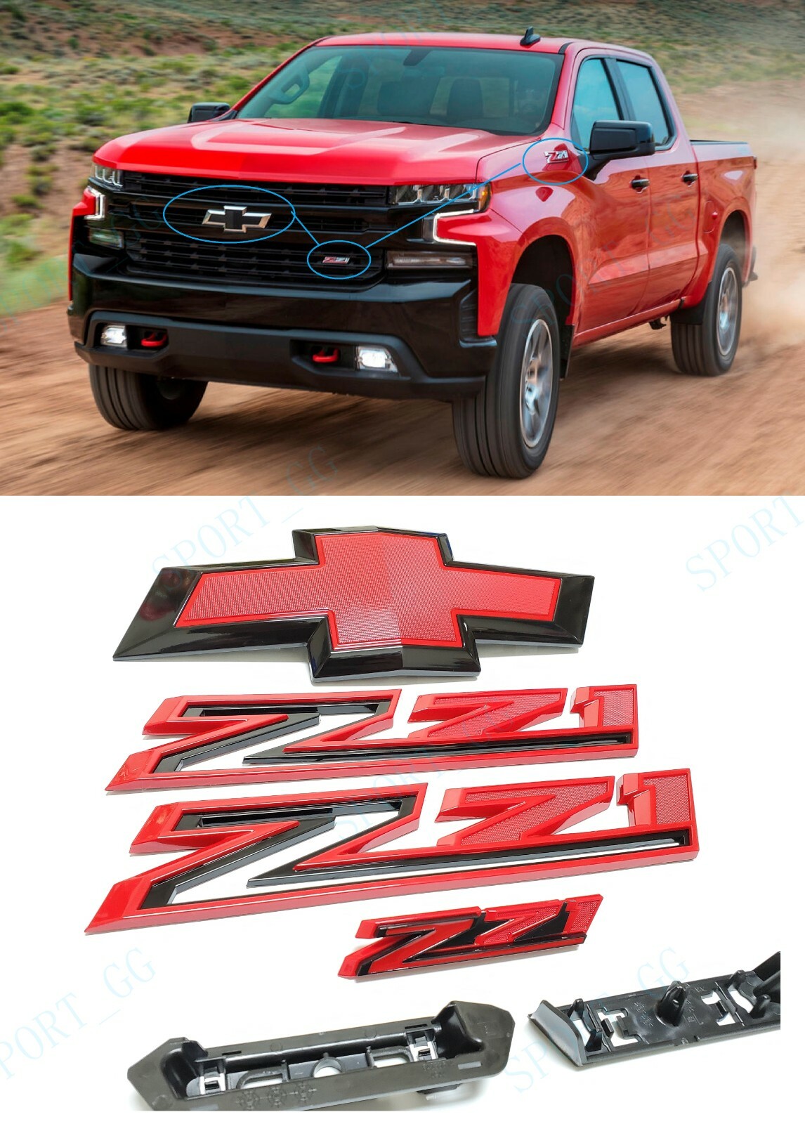 4PCS 2019-2021 Silverado 1500 Bowtie Grille Emblem Black Red Front Fender Z71