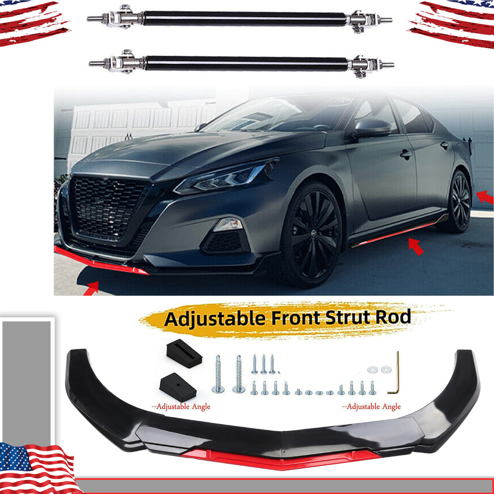 Universal Black For Nissan Altima Front Bumper Lip Spoiler Splitter+Strut Rods