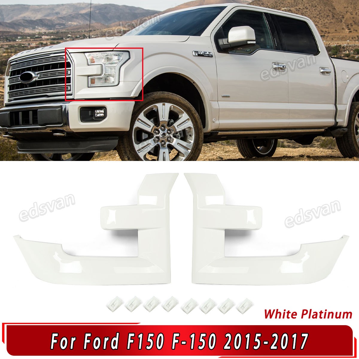 For 2015-2017 Ford F-150 Pair Grille Molding Trim Headlight Bezel White Platinum