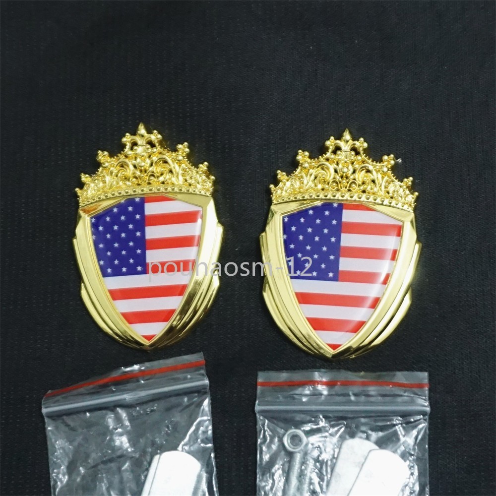 1x USA Flag Cronw Golden Chrome Metal Front Grille Emblem Badge America GT Grand
