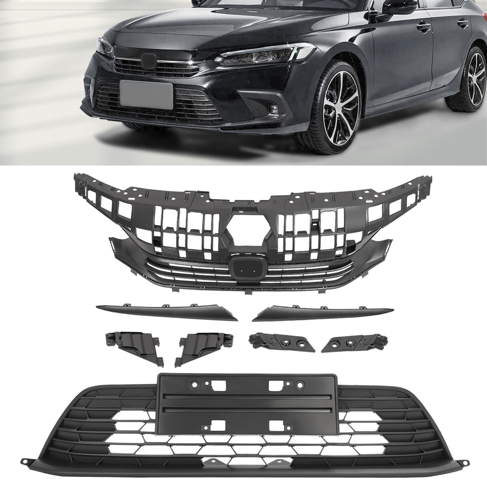 For Honda Civic 2022-2023 Front Bumper Upper & Lower Grille W/Eyelid Molding Set