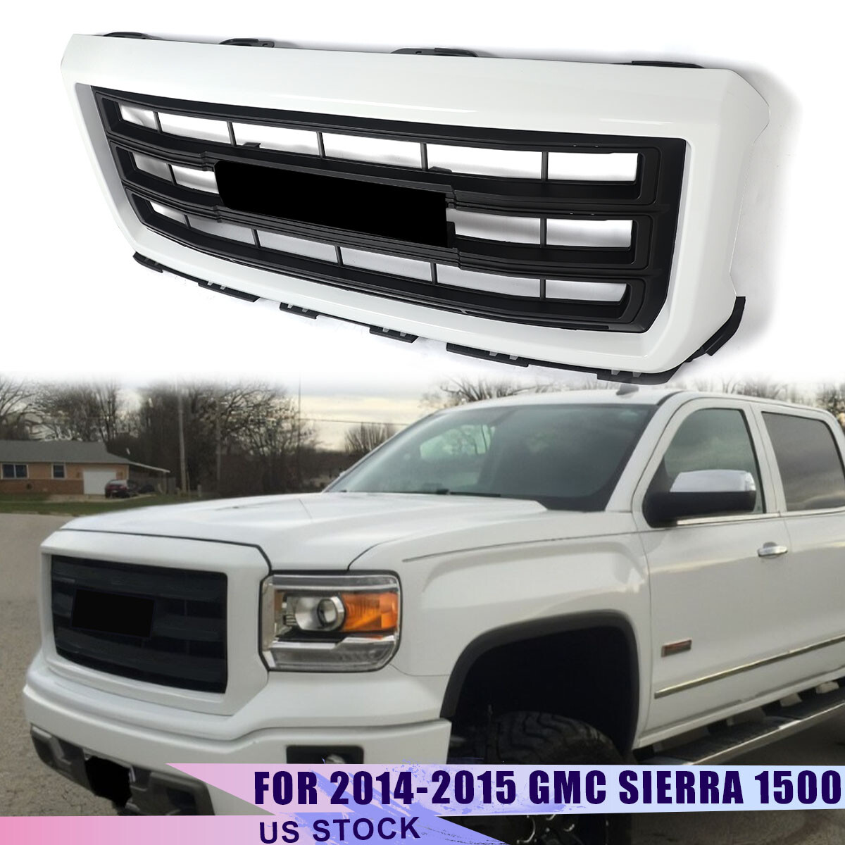 Front Hood Center Grill For 2014-2015 GMC Sierra 1500 Summit White Matte Black