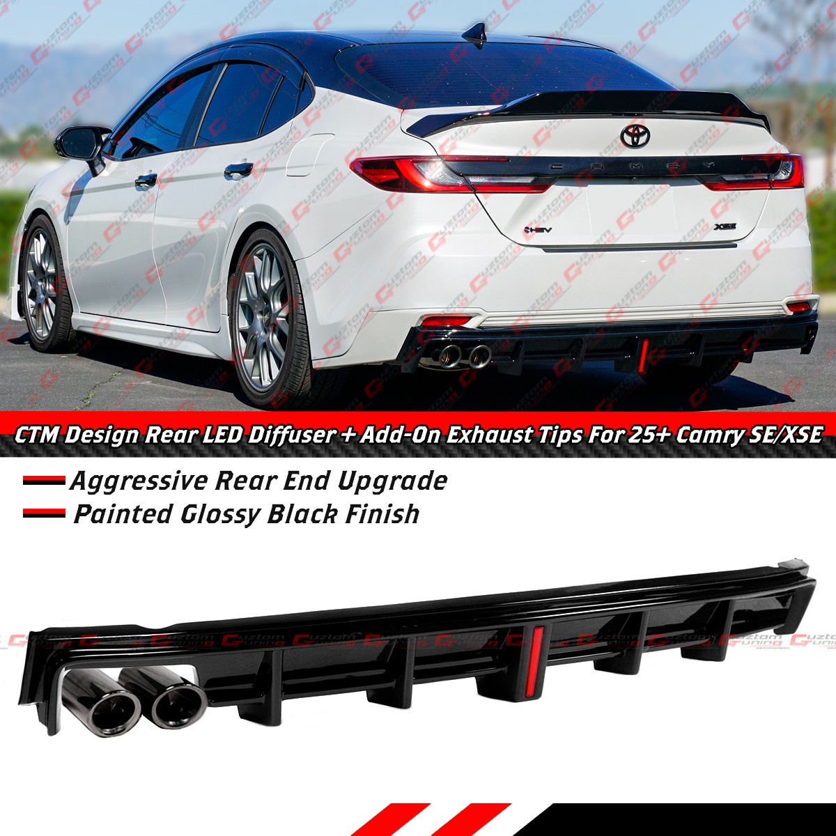 For 2025-26 Toyota Camry SE XSE CTM Gloss Black LED Rear Diffuser + Exhaust Tips