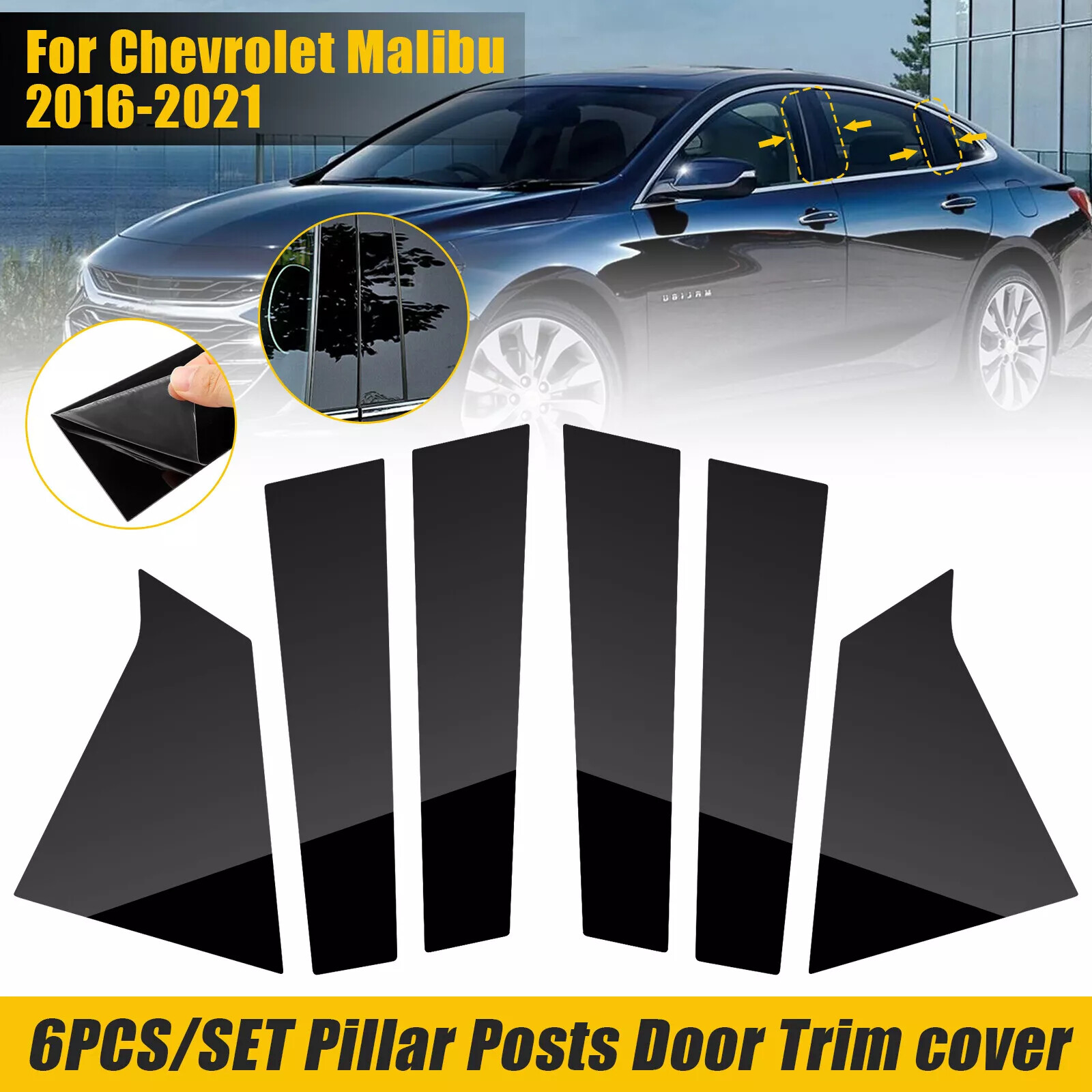 For Chevrolet Malibu 2016-2021 6pcs Glossy Black Pillar Posts Door Trim Cover US