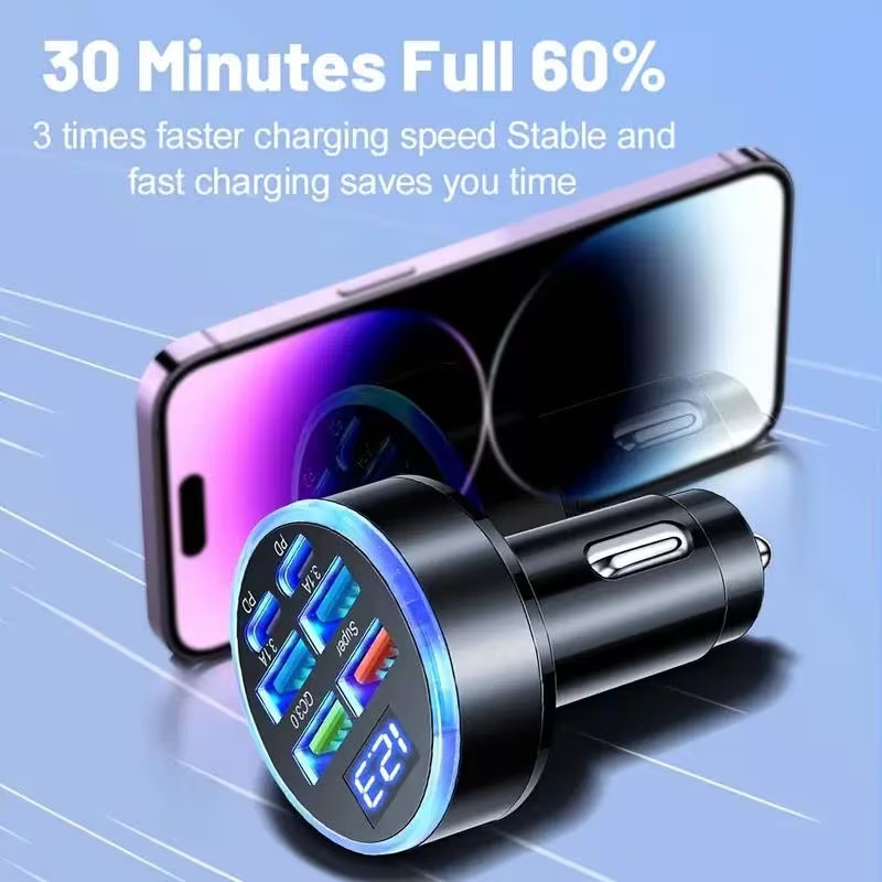 USB C Car Phone Charger Adapter 6 in 1 with Voltage Display