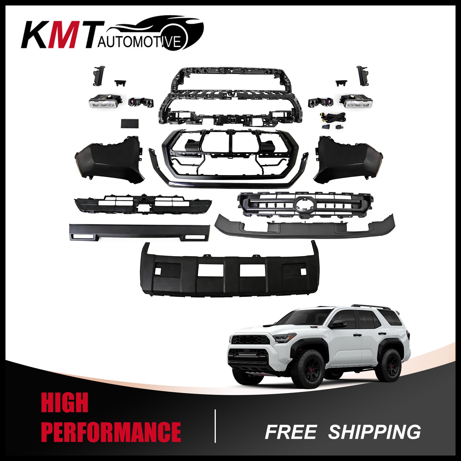 Fit 2025 Toyota 4Runner Front Bumper Cover Kit W/Upper & Lower Grilles Fog Lamps