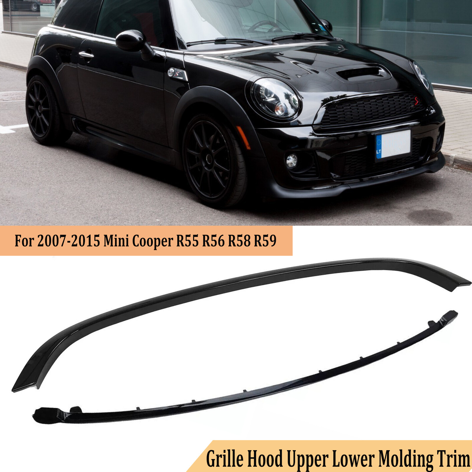 Set Upper Lower Glossy Black Hood Molding Grille Trim for 2007-2015 Mini Cooper