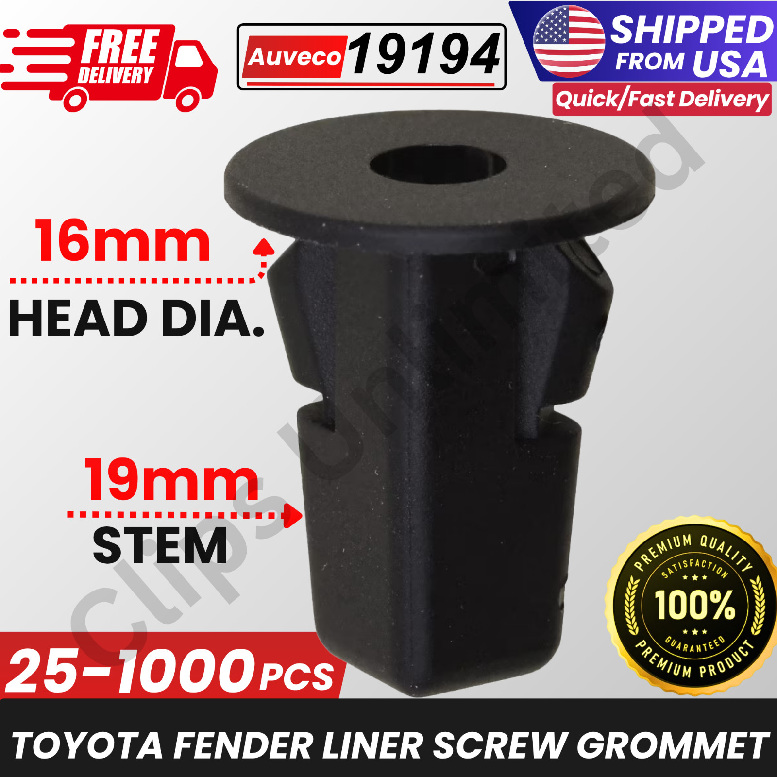 9mm x 9mm Front & Rear Wheel Fender Liner Clips Retainer Toyota 90189-0602 Bulk