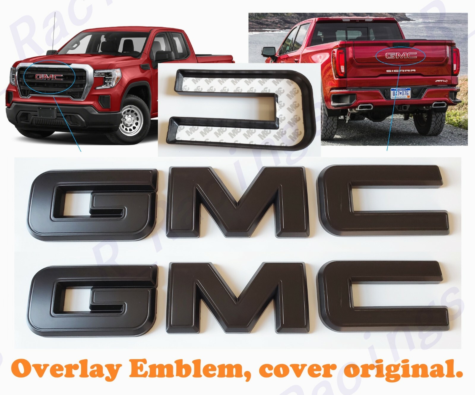 Front Rear Matte Black Emblem Overlay 2019-2023 GMC Sierra 1500 2500HD 3500HD