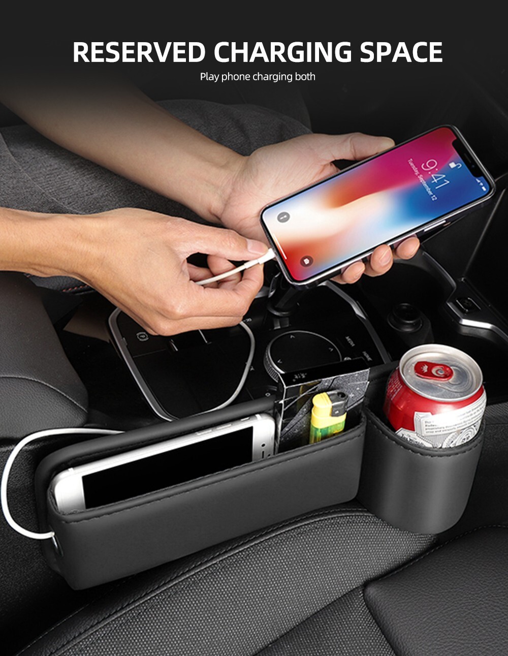 PU Leather Car Seat Gap Filler Storage Box Organizer Right Side W/Bottle Holder