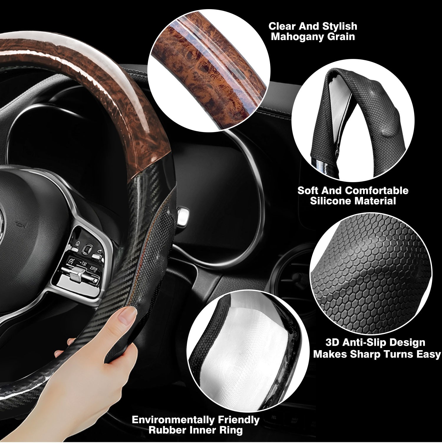 15” Car Steering Wheel Cover Wood Grain Carbon Fiber Pattern Leather for Toyota