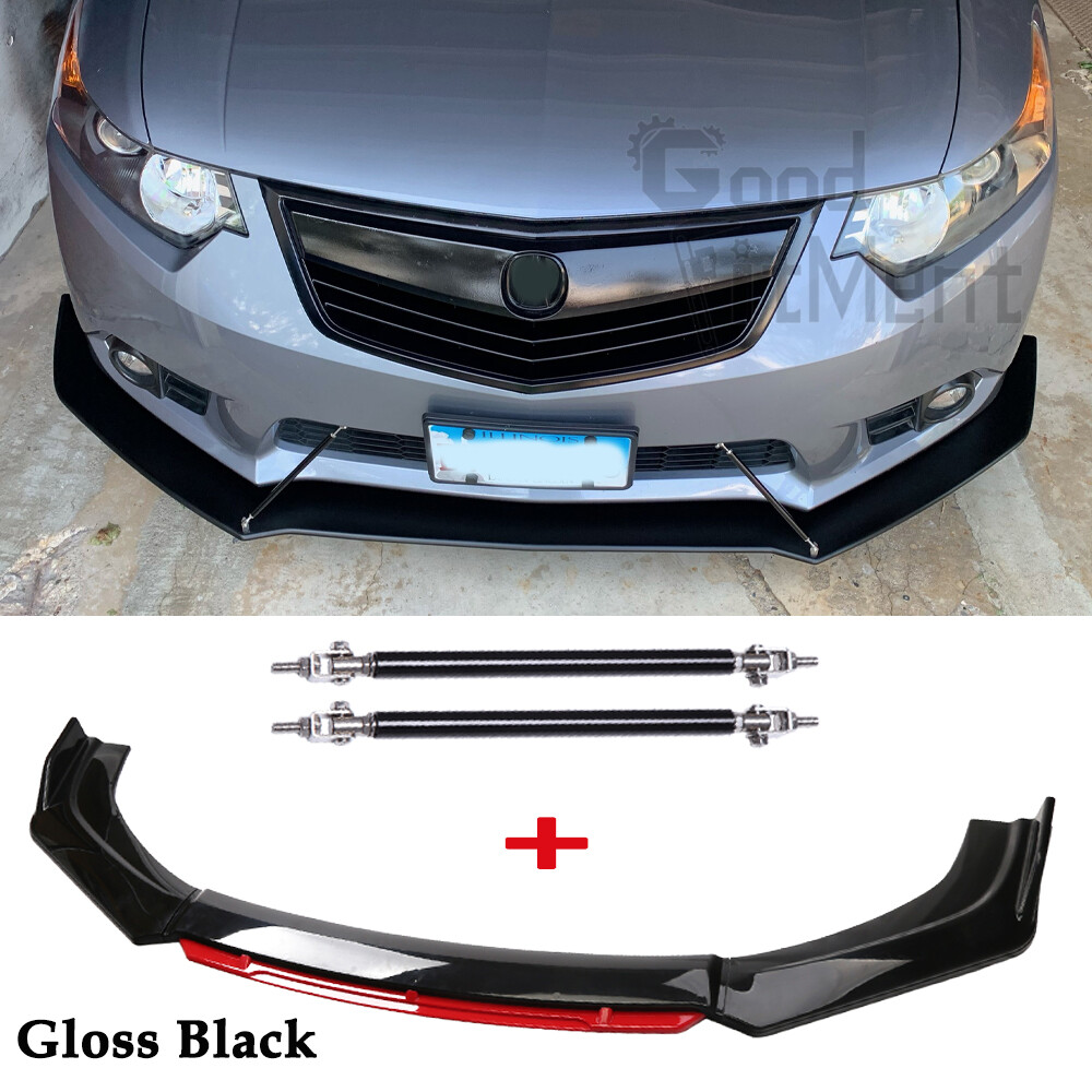 适用于讴歌 TSX 2009 – 2014 光泽黑色和红色前保险杠唇部分离器 + 支柱杆-