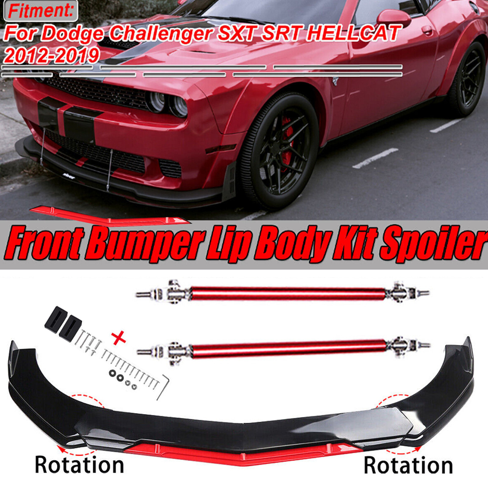 Black+Red For Dodge Challenger Front Bumper Red Lip Splitter Spoiler Body Kit