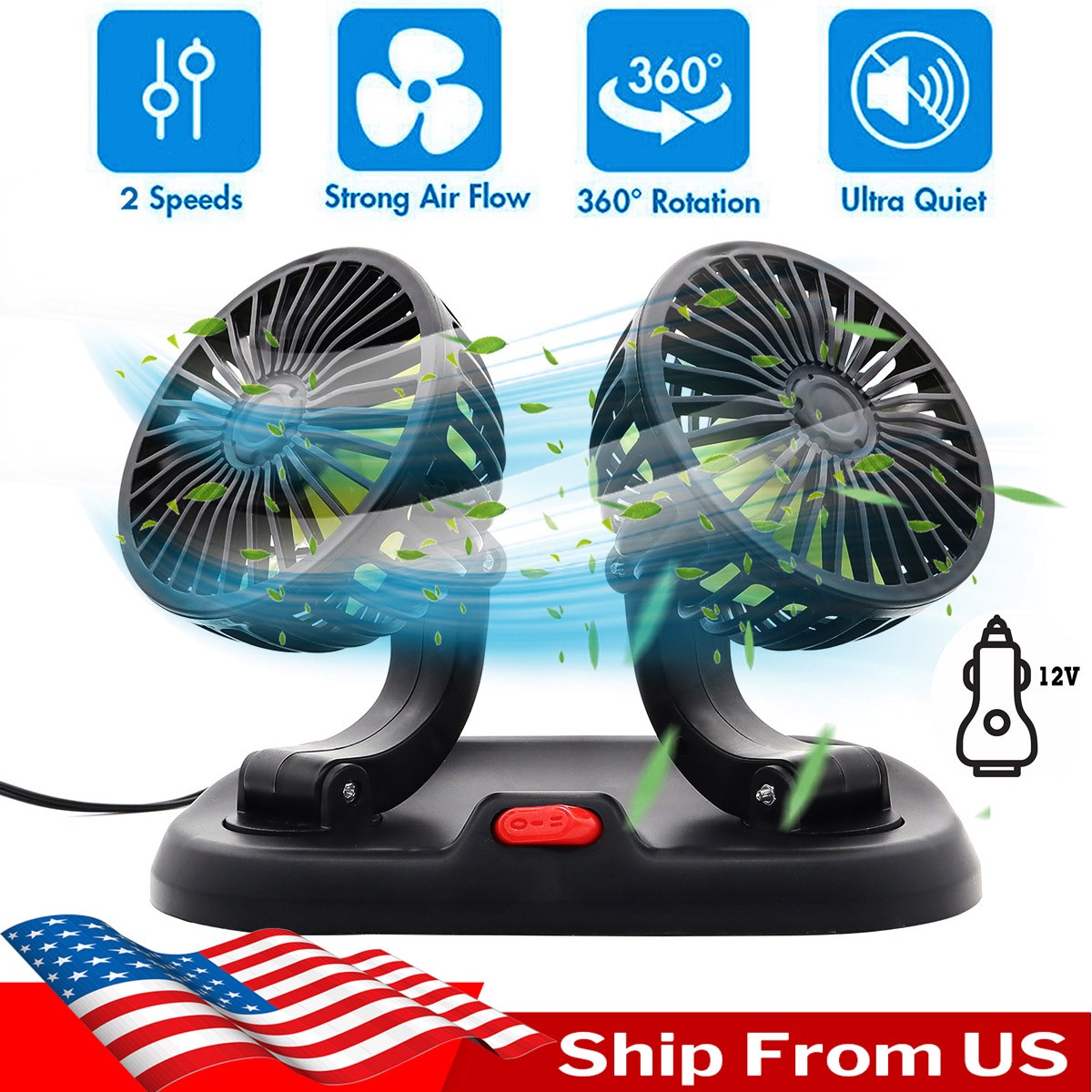 12V Dual Head Car Fan 2-Speed Auto Cooling Fan w/Cigarette Lighter 360°Rotatable