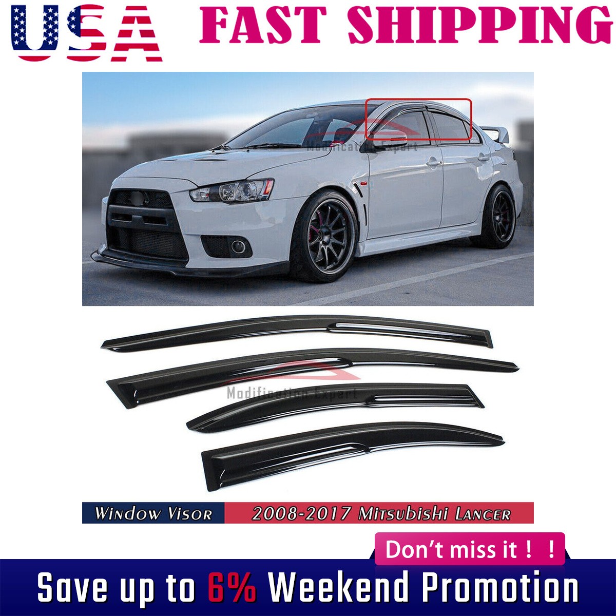 For 2008-2017 Mitsubishi Lancer EVO X JDM Mugen Style Window Visors Rain
