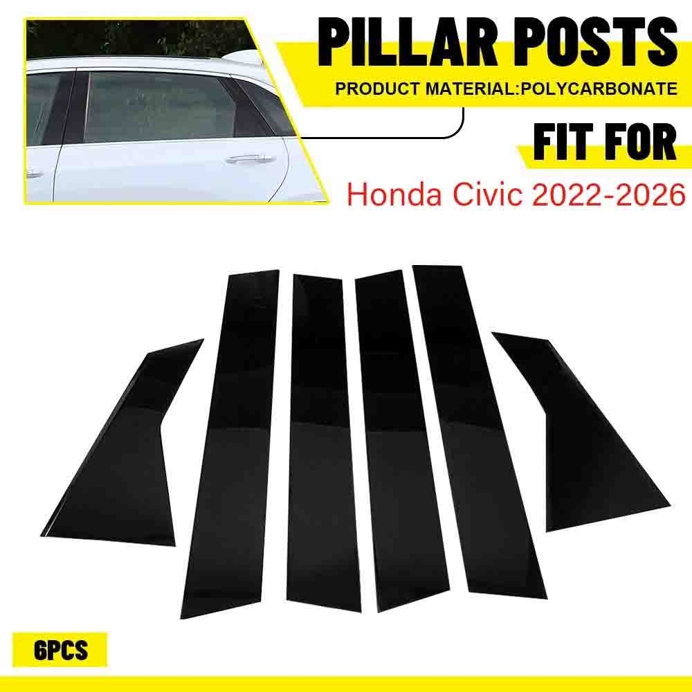 6pcs Glossy Black PC Window BC Pillar Post Cover Trim For Honda Civic 2022-2026
