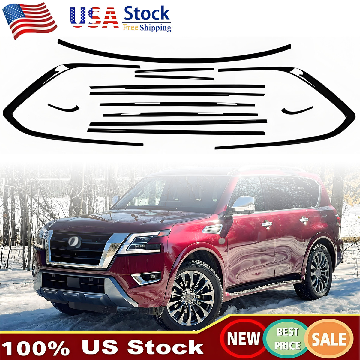 For Nissan Armada 2018-2024 Gloss Black Window Molding Trim Frame Strips 13pcs
