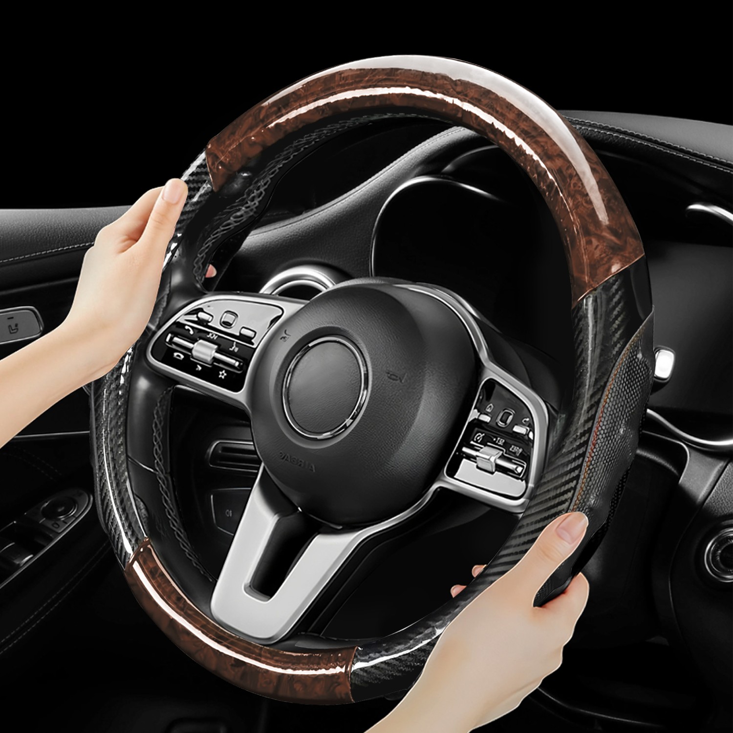 15” Car Steering Wheel Cover Wood Grain Carbon Fiber Pattern Leather for Toyota