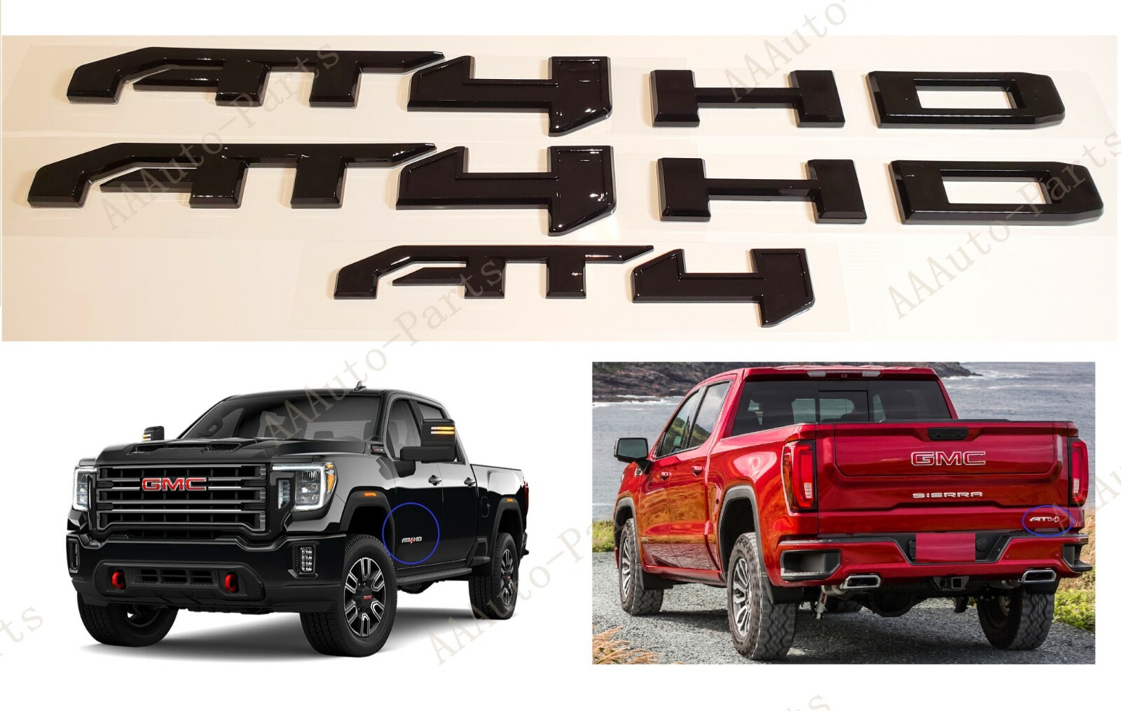 3PCS Set NEW Gloss Black AT4 HD Emblems Kit Fit GMC Canyon Sierra 2500HD 3500HD