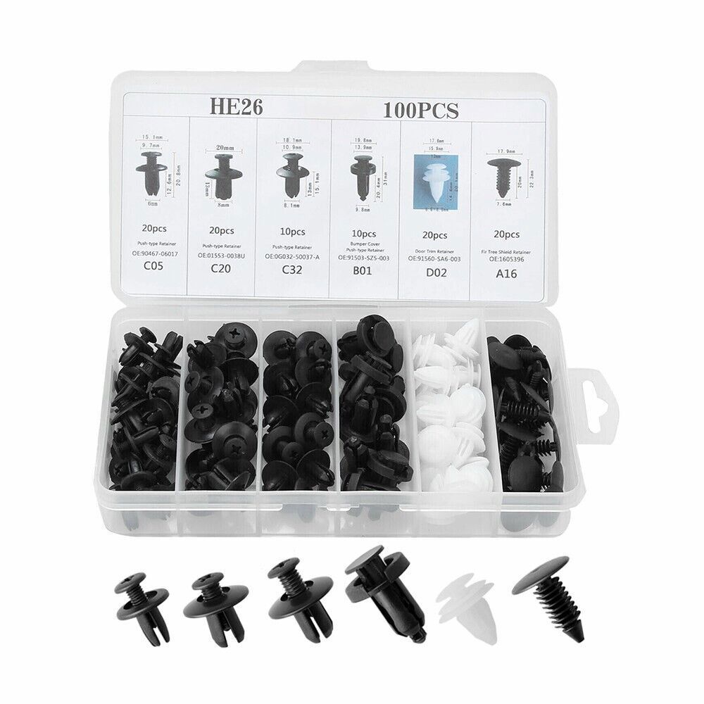 Pack of 100 Retainer Clips Push Type Fasteners Expansion Screws Replacement HE26