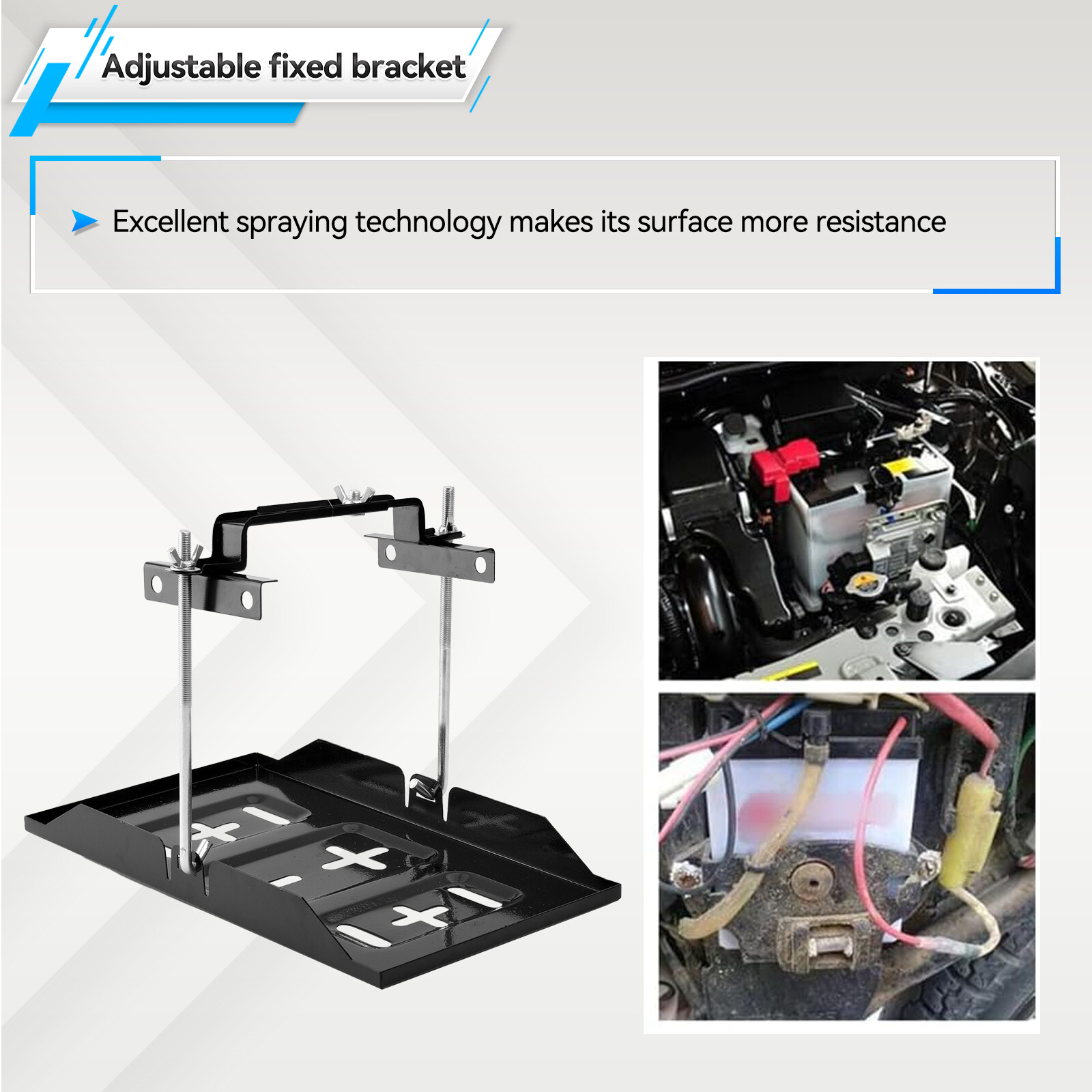 Universal Storage Battery Holder Adjustable Tray & Hold Down Clamp Bracket Kit,