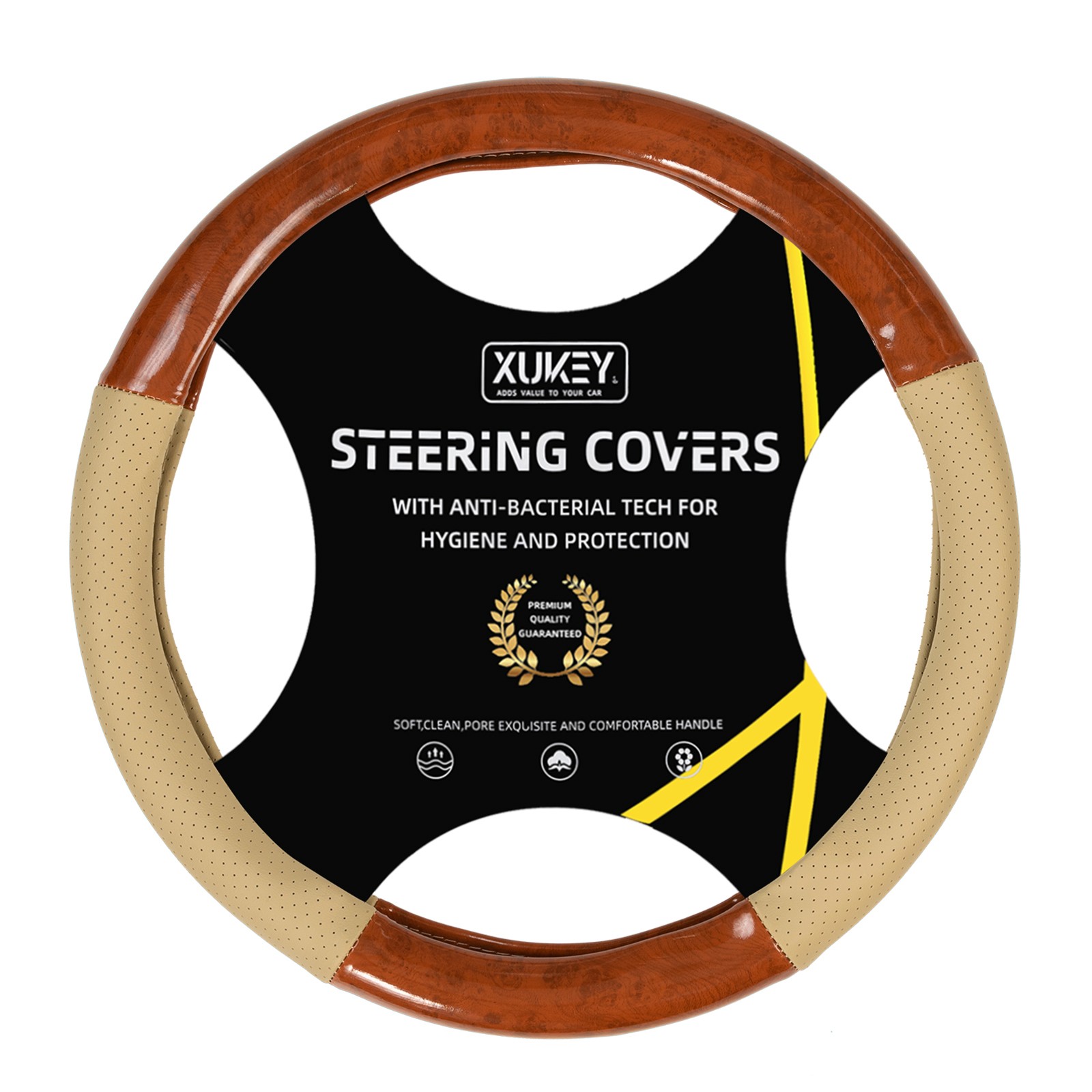 Car Steering Wheel Cover Wood Grain Leather Beige Non-slip Universal Accessories