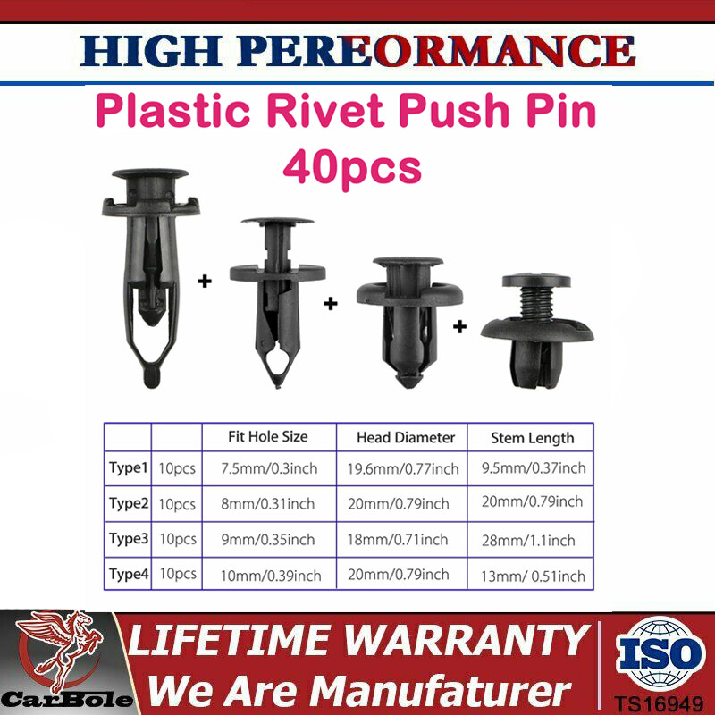 40Pcs Plastic Rivet Fastener Push-Type Pin Retainer Bumper Fender Trim Clips