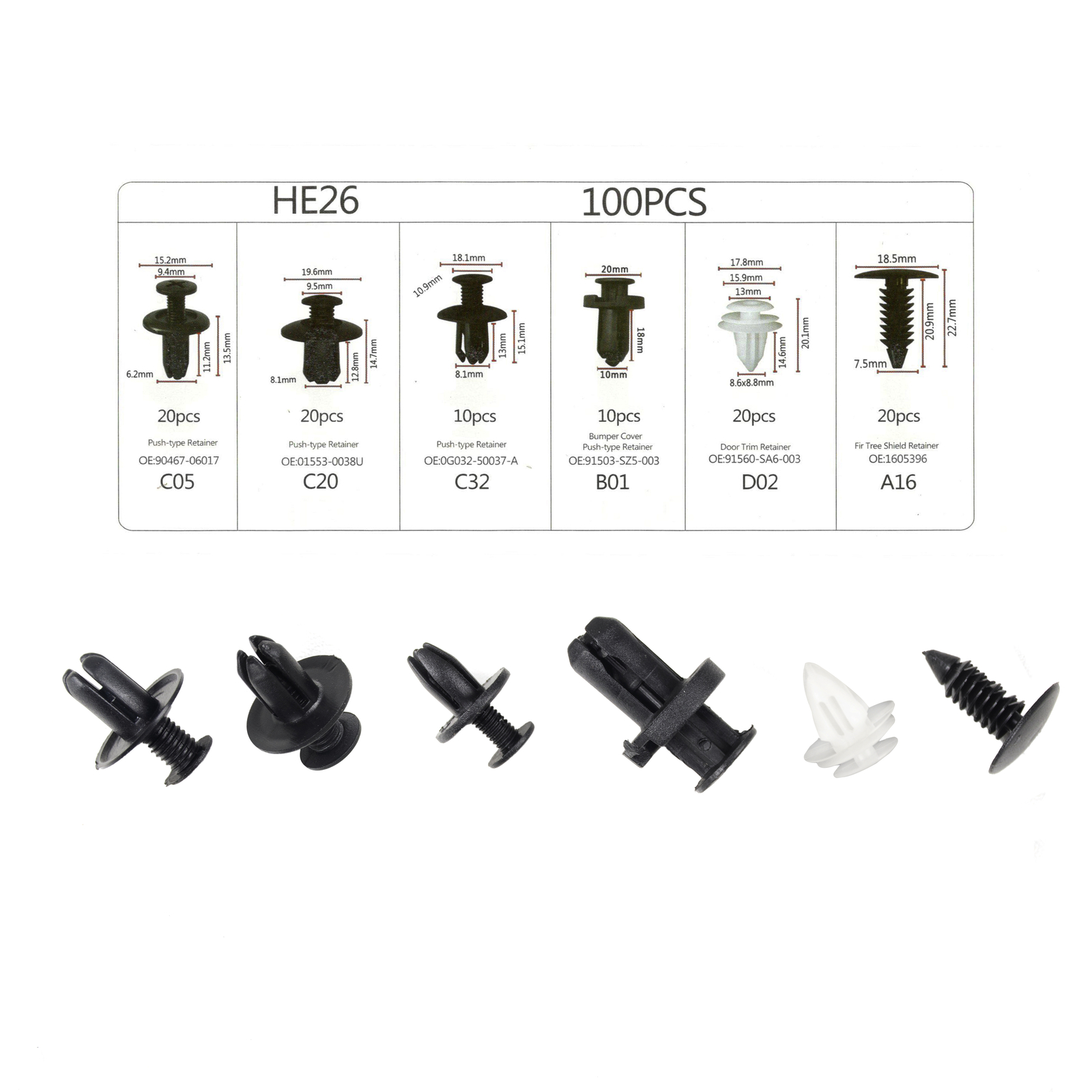 100 Pcs Fender Liner Fastener Rivet Push Clips Retainer 6 Size Universal for Car