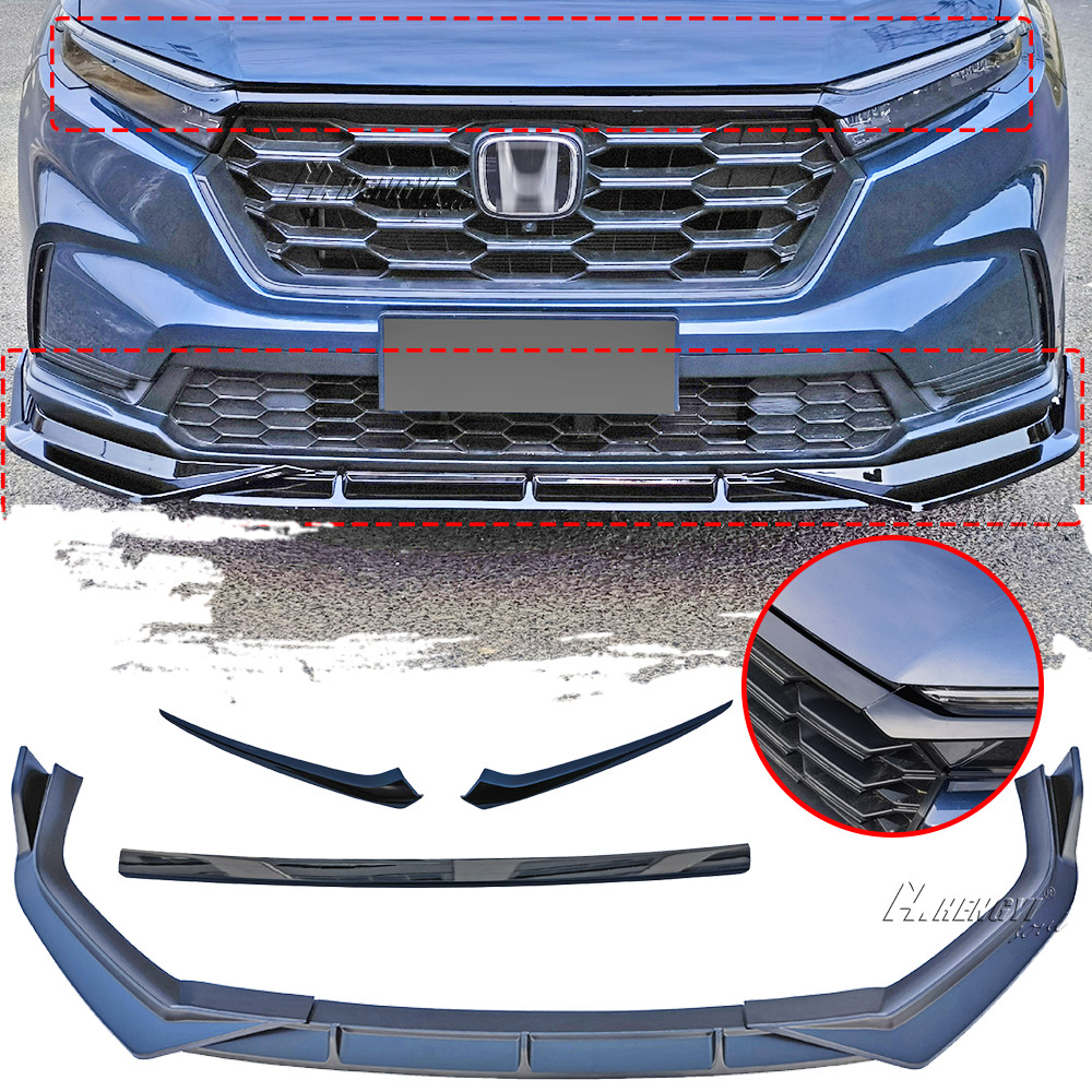 Black Front Bumper Grill Grille cover+Front Bumper Lip For Honda CR-V 2023-2024