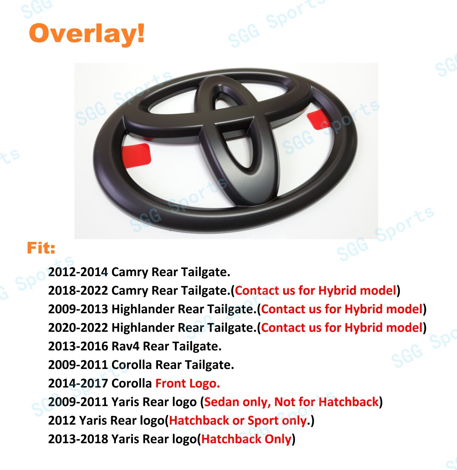 Matte Black Toyota Logo OVERLAY emblem for Camry Highlander Rav4 Corolla Yaris